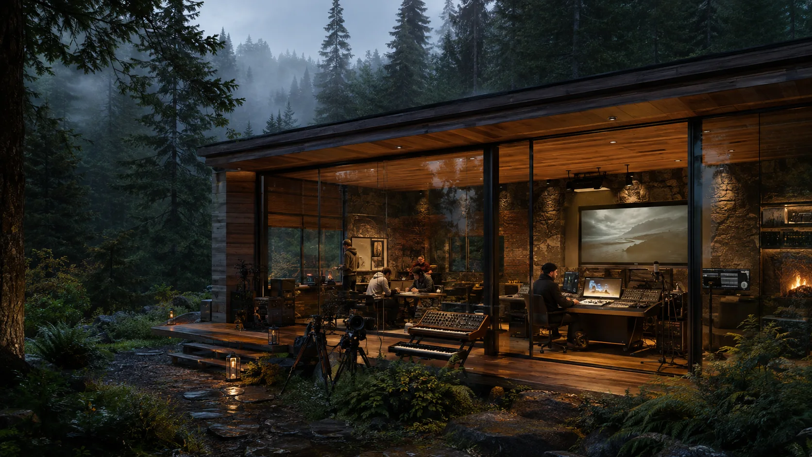 A glowing media studio surrounded by a misty evergreen forest