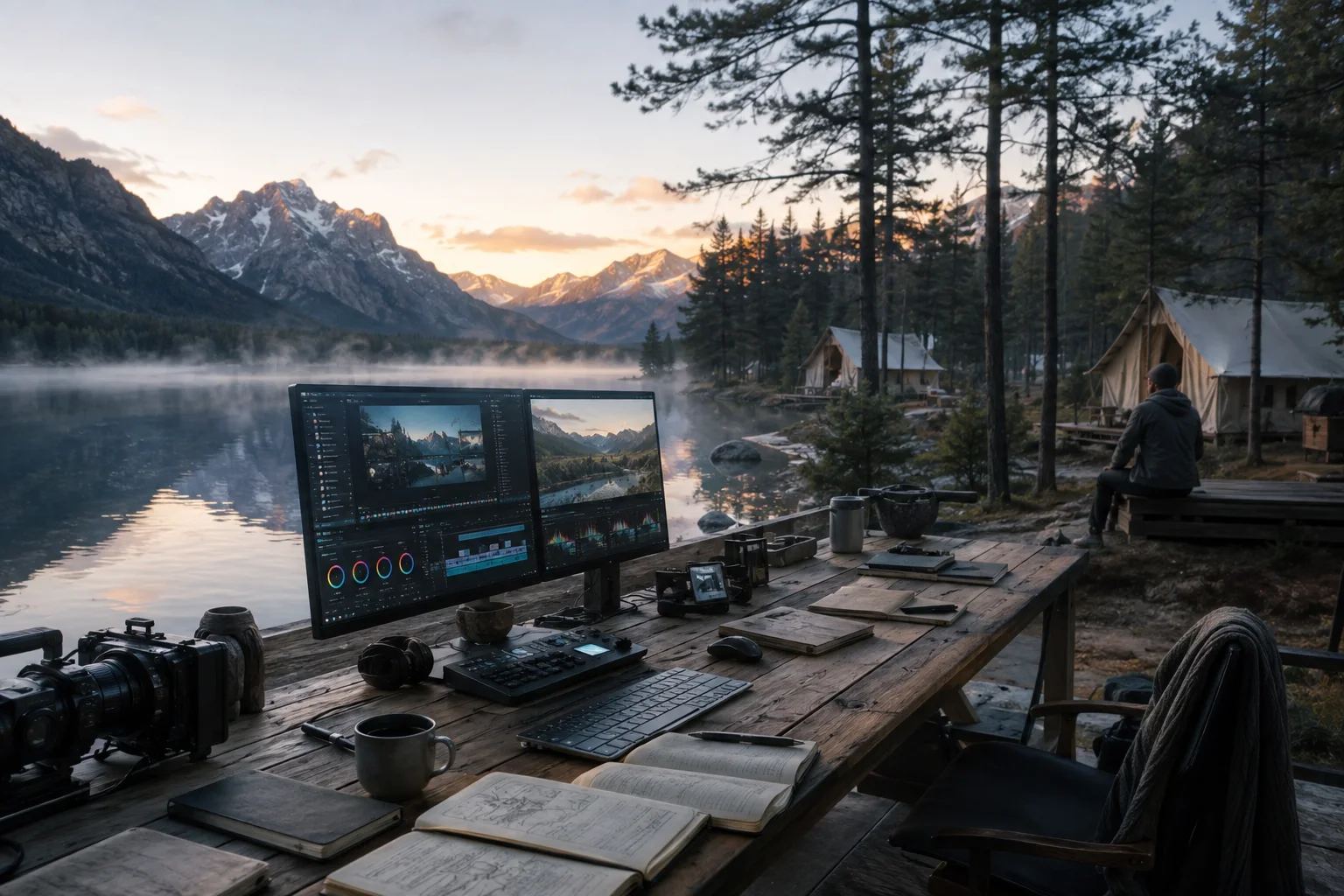 An editing workstation beside a calm mountain lake